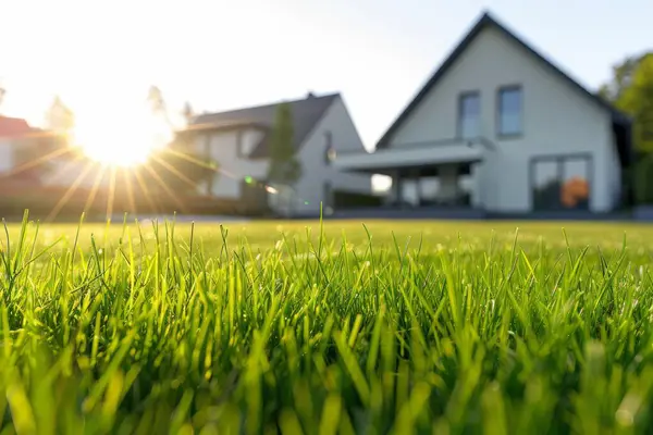 Çevresindeki çimenlik alan zengin yerleşim yerlerini bulanıklaştırıyor. Profesyonel fotoğraf.