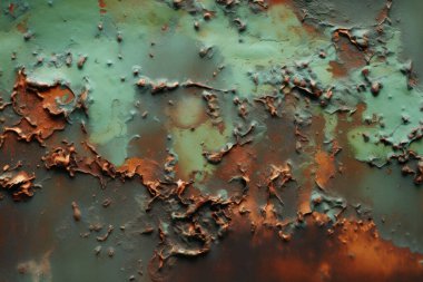 İşlenmiş grunge parçalı kolajı paslı, güpegündüz desenli metal. Pankart, arkaplan veya 3B haritalama için doku