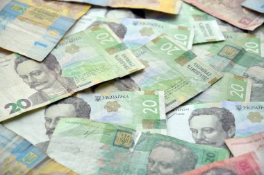 Ukrayna 'nın işlenmiş Hryvnia UAH kolajı banknotların dokusunu destekler. Pankart, arkaplan veya 3B haritalama için doku