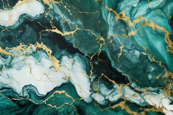 Zümrüt yeşili ve altın mermer desenli işlenmiş kolaj. Pankart, arkaplan veya 3B haritalama için doku