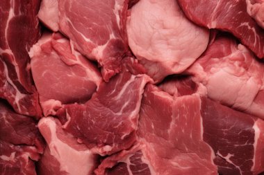İşlenmiş taze çiğ et yüzey dokusu kolajı. Pankart, arkaplan veya 3B haritalama için doku