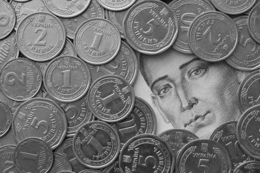 Grigori Skovoroda, 500 Ukrayna Hryvnias para banknotundan gümüş Ukrayna paralarıyla çevrili.