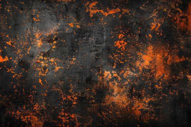 Siyah ve turuncu paslı metal yüzey fotoğrafı. Arkaplan veya haritalama için arkaplan dokusu