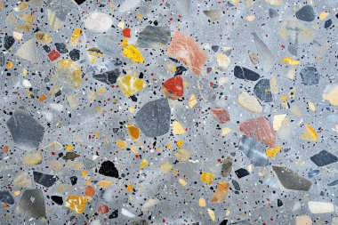 Gri terrazzo desenli fotoğraf yüzey yüzeyine yakın çekim. Arkaplan veya haritalama için arkaplan dokusu