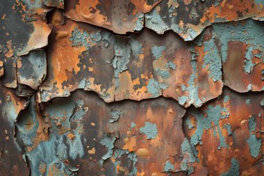 Eski paslanmış ve paslanmış metal yüzeyin kabuğu soyulmuş. Arkaplan veya haritalama için arkaplan dokusu