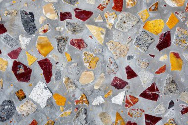 Gri terrazzo desenli fotoğraf yüzey yüzeyine yakın çekim. Arkaplan veya haritalama için arkaplan dokusu