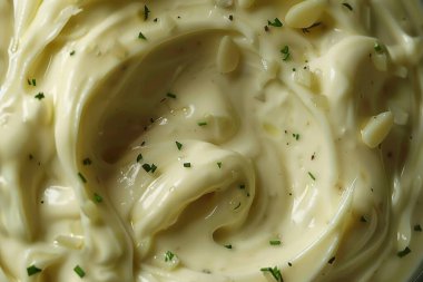 Krem rengi sarımsaklı mayonez sosunun fotoğrafı. Arkaplan ya da yemek tarifleri için yemek fotoğrafı