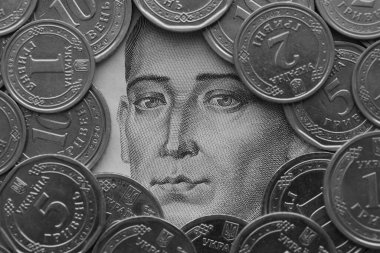Grigori Skovoroda, 500 Ukrayna Hryvnias para banknotundan gümüş Ukrayna paralarıyla çevrili.