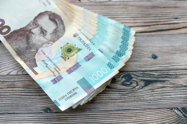 Ahşap arka planda modern tasarımı olan büyük miktarda Ukrayna yapımı 100 Hryvnia para faturası. Finansal konsept, iş ücretleri