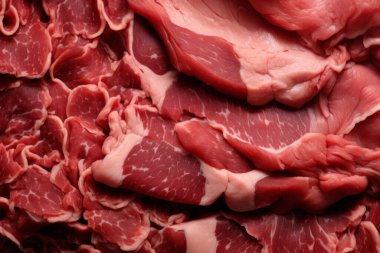 İşlenmiş taze çiğ et yüzey dokusu kolajı. Pankart, arkaplan veya 3B haritalama için doku
