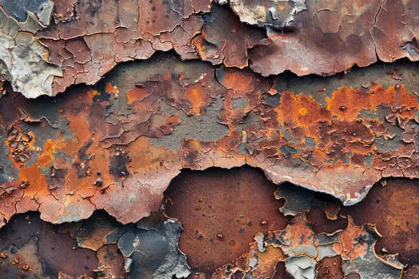 Eski paslanmış ve paslanmış metal yüzeyin kabuğu soyulmuş. Arkaplan veya haritalama için arkaplan dokusu