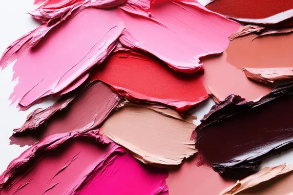 Farklı renkte taze ruj lekelerinin olduğu bir fotoğraf. Arkaplan veya haritalama için arkaplan dokusu