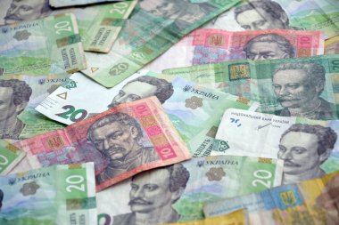 Ukrayna 'nın işlenmiş Hryvnia UAH kolajı banknotların dokusunu destekler. Pankart, arkaplan veya 3B haritalama için doku