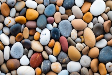 Sahildeki çakıl taşlarının yüzey dokusunun işlenmiş kolajı. Pankart, arkaplan veya 3B haritalama için doku