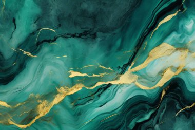 Zümrüt yeşili ve altın mermer desenli işlenmiş kolaj. Pankart, arkaplan veya 3B haritalama için doku