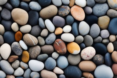 Deniz kıyısı çakıl taşları dokusunun işlenmiş kolajı. Pankart, arkaplan veya 3B haritalama için doku