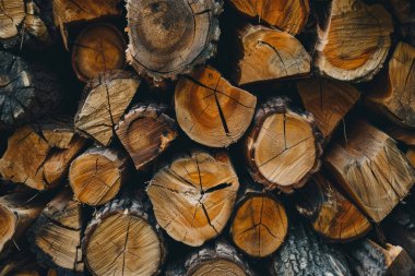 Kış için hazırlanmış odun yığınının işlenmiş görüntüsü. Yakacak odun kesimi, yakın plan.