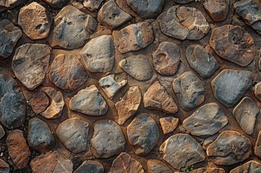 Kahverengi çakıl taşı kaldırım yüzeyinin fotoğrafı. Arkaplan veya haritalama için arkaplan dokusu