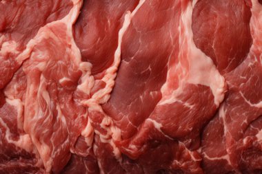 İşlenmiş taze çiğ et yüzey dokusu kolajı. Pankart, arkaplan veya 3B haritalama için doku