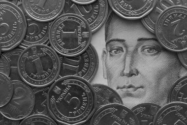 Grigori Skovoroda, 500 Ukrayna Hryvnias para banknotundan gümüş Ukrayna paralarıyla çevrili.