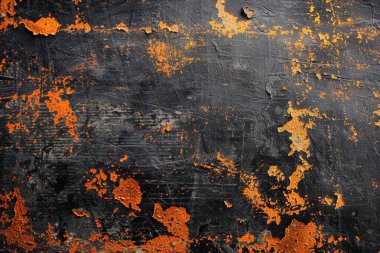 Siyah ve turuncu paslı metal yüzey fotoğrafı. Arkaplan veya haritalama için arkaplan dokusu