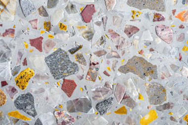 Gri terrazzo desenli fotoğraf yüzey yüzeyine yakın çekim. Arkaplan veya haritalama için arkaplan dokusu
