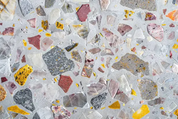 Gri terrazzo desenli fotoğraf yüzey yüzeyine yakın çekim. Arkaplan veya haritalama için arkaplan dokusu