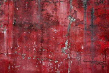 Eski terk edilmiş sanayi binasının koyu kırmızı kabuk soyma duvarının fotoğrafı. Arkaplan veya haritalama için arkaplan dokusu