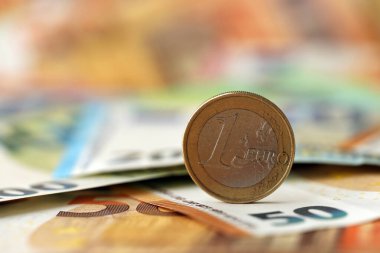 Bir avroluk para, muazzam miktardaki farklı avro banknotlarının üzerinde yatıyor.