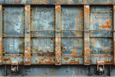 Pas metal duvarlı tren vagonunun yan görüntüsü. Yakından. Arkaplan veya haritalama için arkaplan dokusu