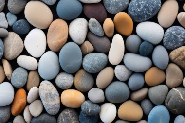 Deniz kıyısı çakıl taşları dokusunun işlenmiş kolajı. Pankart, arkaplan veya 3B haritalama için doku