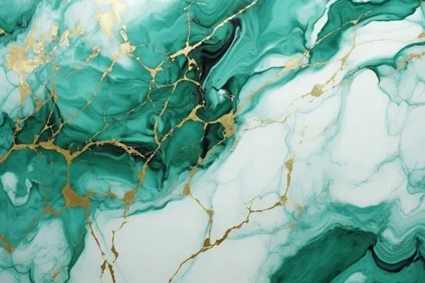 Zümrüt yeşili ve altın mermer desenli işlenmiş kolaj. Pankart, arkaplan veya 3B haritalama için doku