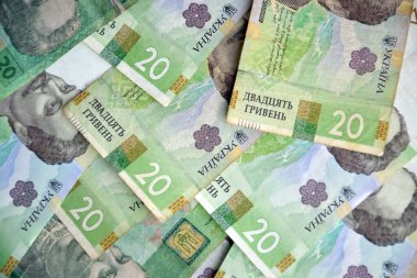 Ukrayna 'nın işlenmiş Hryvnia UAH kolajı banknotların dokusunu destekler. Pankart, arkaplan veya 3B haritalama için doku
