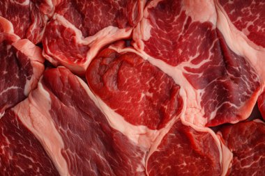 İşlenmiş taze çiğ et yüzey dokusu kolajı. Pankart, arkaplan veya 3B haritalama için doku