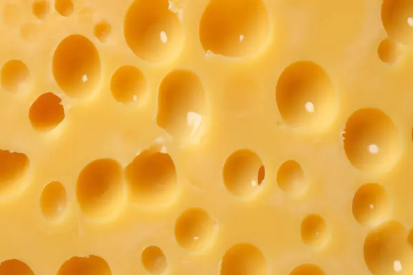 İşlenmiş radomer ya da maasdam sarı peynirin büyük delikli dokusu. Makro peynir yüzeyinin detaylı fotoğrafı
