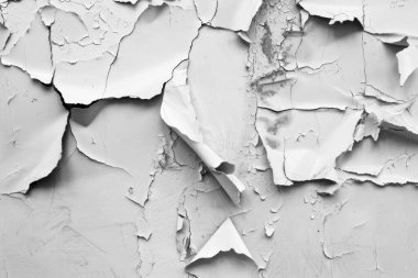 Alçı duvardaki soyulmuş beyaz boyanın fotoğrafı. Yakın plan. Arkaplan veya haritalama için arkaplan dokusu