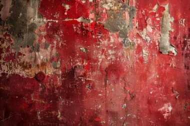 Eski terk edilmiş sanayi binasının koyu kırmızı kabuk soyma duvarının fotoğrafı. Arkaplan veya haritalama için arkaplan dokusu