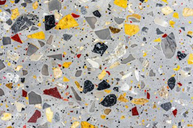 Gri terrazzo desenli fotoğraf yüzey yüzeyine yakın çekim. Arkaplan veya haritalama için arkaplan dokusu