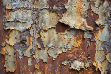 Eski paslanmış ve paslanmış metal yüzeyin kabuğu soyulmuş. Arkaplan veya haritalama için arkaplan dokusu