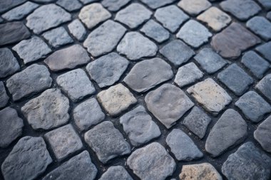 İşlenmiş kaldırım taşları yüzey dokusu kolajı. Pankart, arkaplan veya 3B haritalama için doku