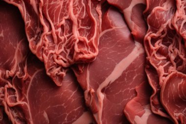 İşlenmiş taze çiğ et yüzey dokusu kolajı. Pankart, arkaplan veya 3B haritalama için doku