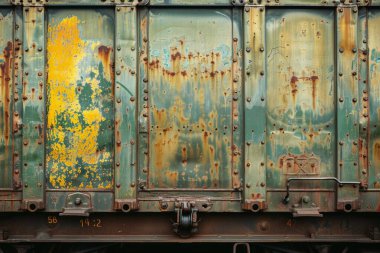 Pas metal duvarlı tren vagonunun yan görüntüsü. Yakından. Arkaplan veya haritalama için arkaplan dokusu