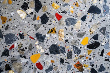 Gri terrazzo desenli fotoğraf yüzey yüzeyine yakın çekim. Arkaplan veya haritalama için arkaplan dokusu