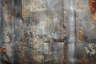 Eski, paslı, gri ve turuncu metal levhaların fotoğrafı. Arkaplan veya haritalama için arkaplan dokusu
