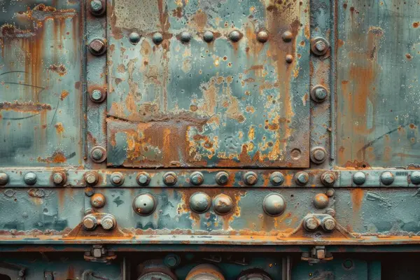 Pas metal duvarlı tren vagonunun yan görüntüsü. Yakından. Arkaplan veya haritalama için arkaplan dokusu