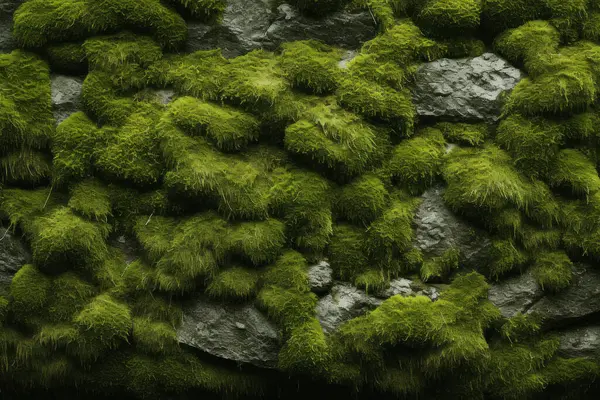 Yosunlu orman yüzey dokusunun işlenmiş kolajı. Pankart, arkaplan veya 3B haritalama için doku