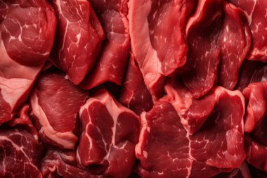 İşlenmiş taze çiğ et yüzey dokusu kolajı. Pankart, arkaplan veya 3B haritalama için doku