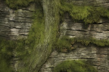 Ağaç kabuğu yüzeyinde işlenmiş yosun kolajı. Pankart, arkaplan veya 3B haritalama için doku