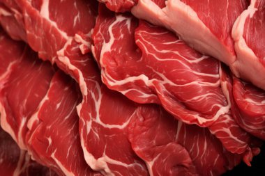 İşlenmiş taze çiğ et yüzey dokusu kolajı. Pankart, arkaplan veya 3B haritalama için doku