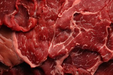 İşlenmiş taze çiğ et yüzey dokusu kolajı. Pankart, arkaplan veya 3B haritalama için doku